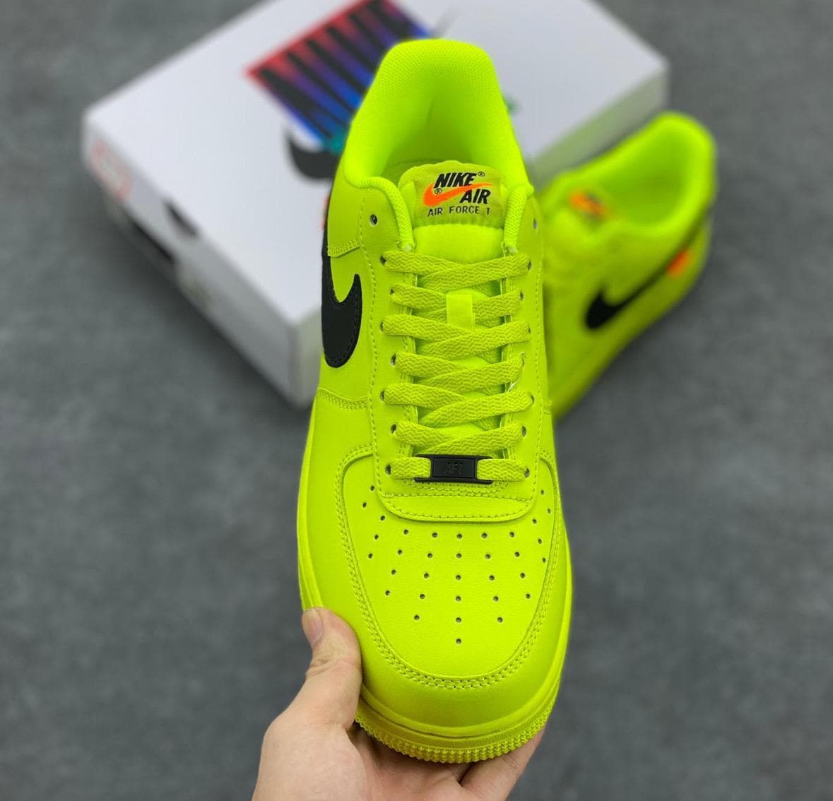 Custom neon green Air Force 1 sneakers, handmade