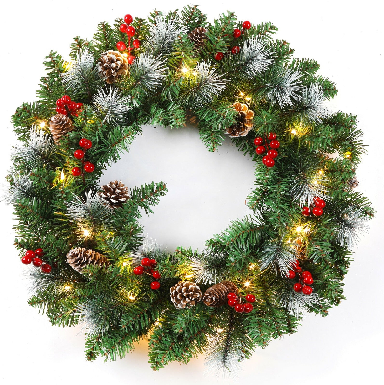 24Inch Christmas Wreath Decorative Christmas with Light Door Winter Pine Cone