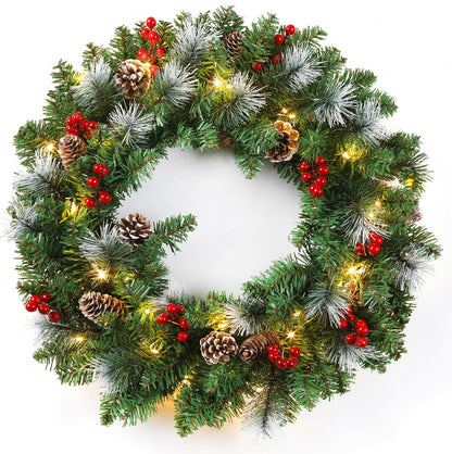 24Inch Christmas Wreath Decorative Christmas with Light Door Winter Pine Cone