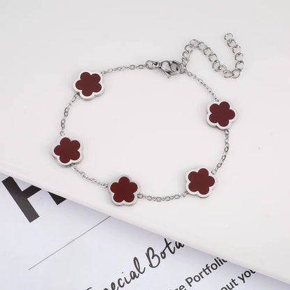 Silver Color New Design Plant Five Leaf Flower Bracelet Single Sided Plum Blossom Stainless Steel Jewelry Women'S Clover