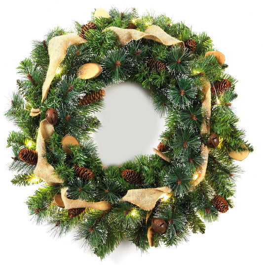 24Inch Christmas Wreath Decorative Christmas with Light Door Winter Pine Cone