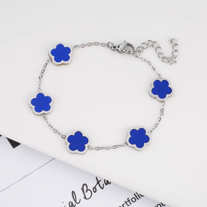 Silver Color New Design Plant Five Leaf Flower Bracelet Single Sided Plum Blossom Stainless Steel Jewelry Women'S Clover