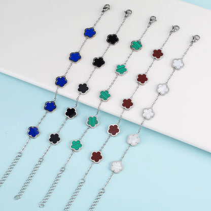 Silver Color New Design Plant Five Leaf Flower Bracelet Single Sided Plum Blossom Stainless Steel Jewelry Women'S Clover