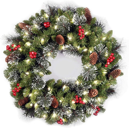 24Inch Christmas Wreath Decorative Christmas with Light Door Winter Pine Cone