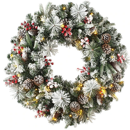 24Inch Christmas Wreath Decorative Christmas with Light Door Winter Pine Cone