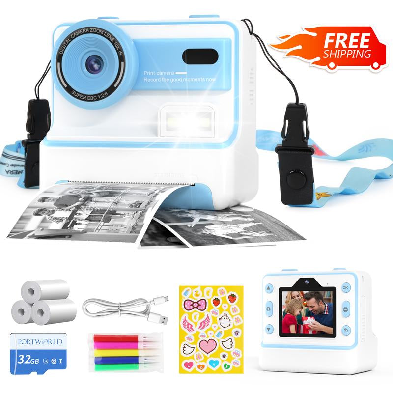 New Kids Camera Instant Print, 1080P HD Kids Selfie Digital Camera , Printing Paper, Color Pens, 2.4'' Screen Kids Digital Camera（Blue）