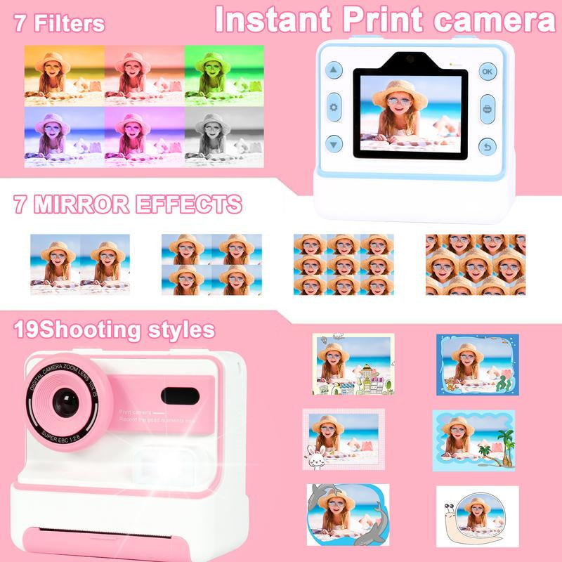New Kids Camera Instant Print, 1080P HD Kids Selfie Digital Camera , Printing Paper, Color Pens, 2.4'' Screen Kids Digital Camera（Blue）