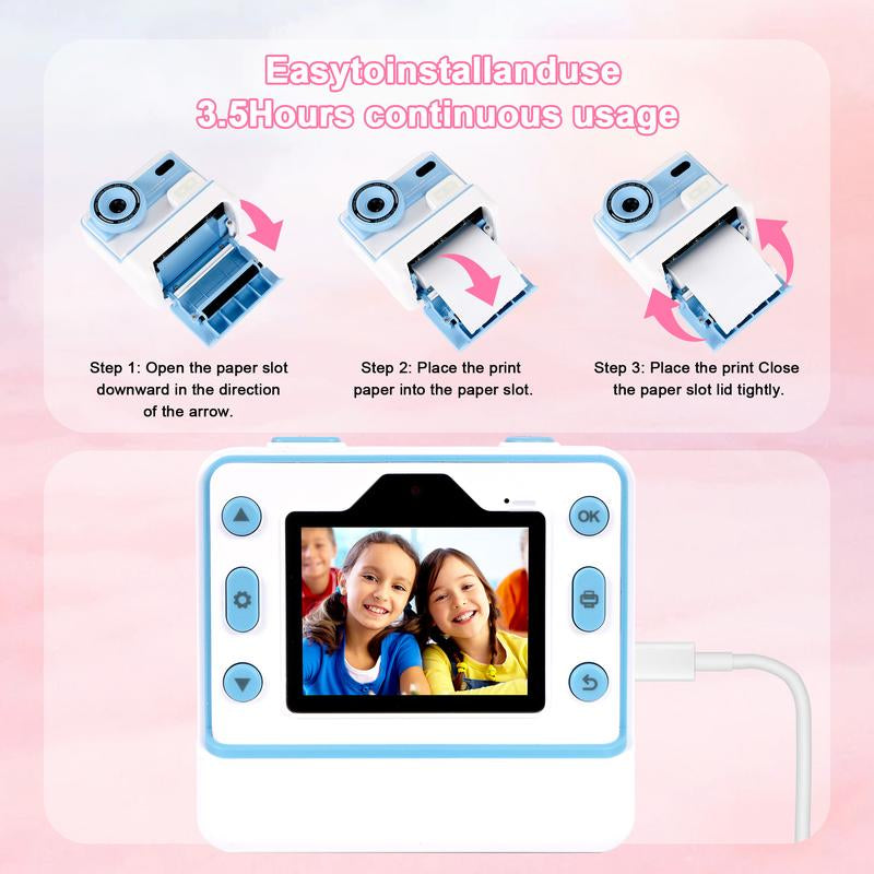 New Kids Camera Instant Print, 1080P HD Kids Selfie Digital Camera , Printing Paper, Color Pens, 2.4'' Screen Kids Digital Camera（Blue）