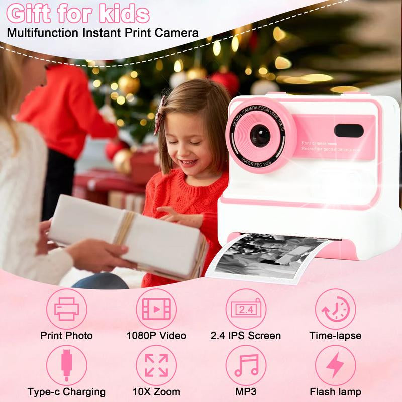 New Kids Camera Instant Print, 1080P HD Kids Selfie Digital Camera , Printing Paper, Color Pens, 2.4'' Screen Kids Digital Camera（Blue）